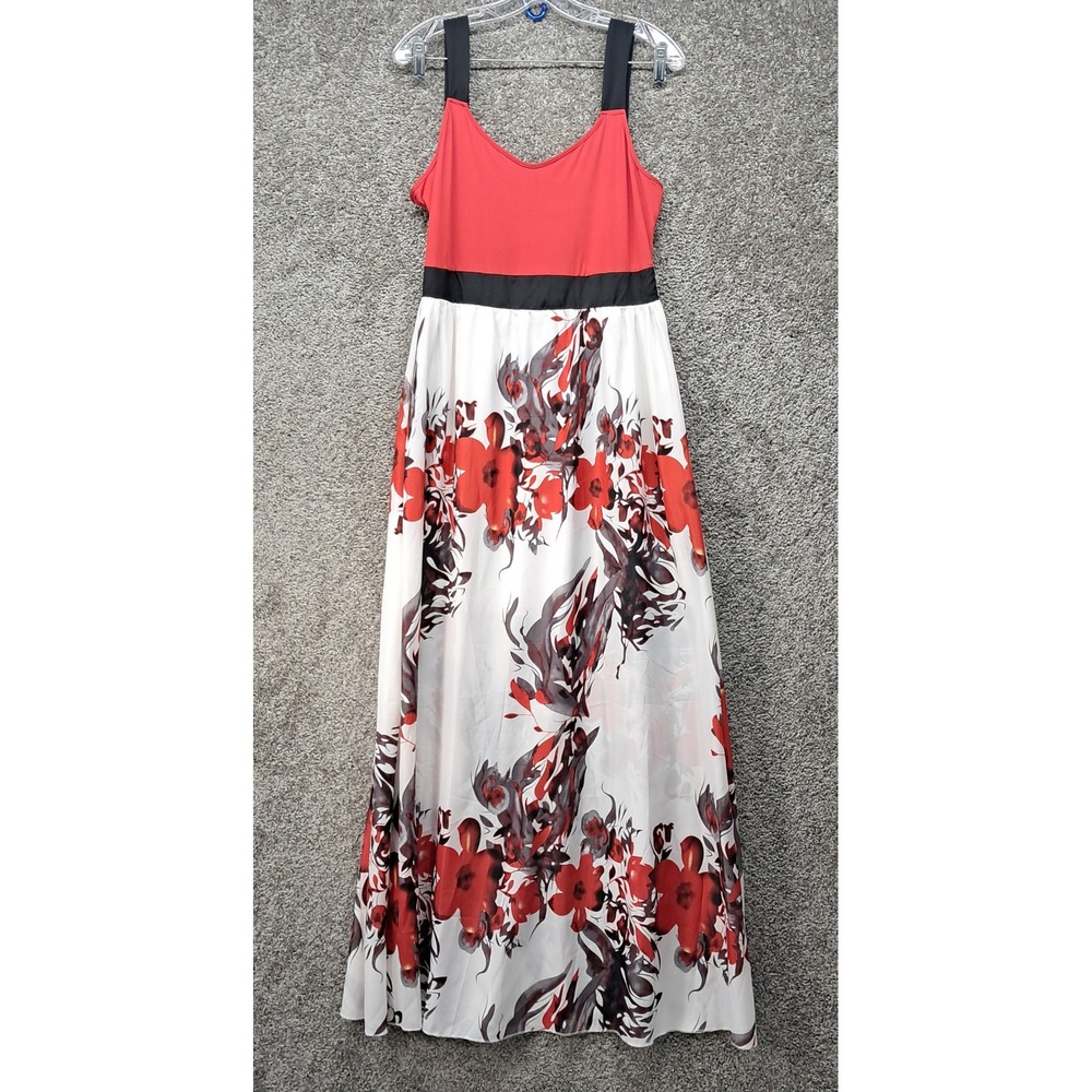 Womens Red‎ White Floral Colorblock Sleeveless Maxi Dress XL Side Zip Casual